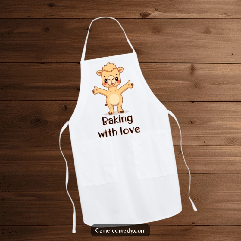 Funny Camel Apron showing a camel with arms outstretched for a hug, designed for kitchen warmth and humor.