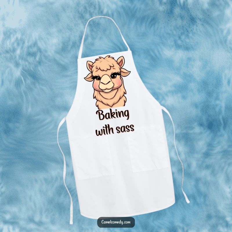 Funny Camel Apron showcasing a winking camel with prominent eyelashes, designed for kitchen humor and a cheeky cooking experience.