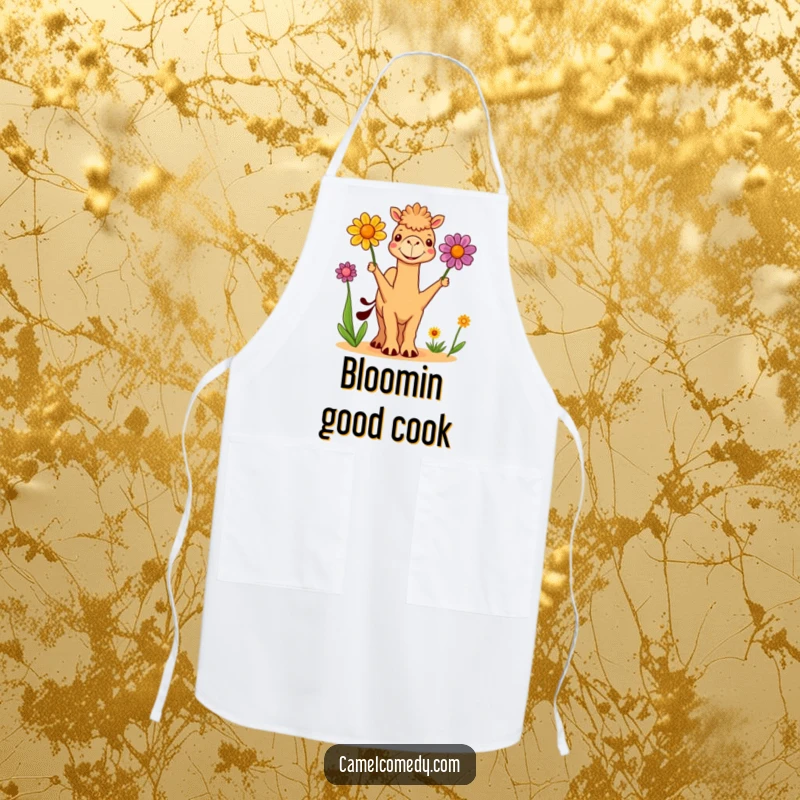 Funny Apron: a cute camel juggling colorful desert flowers while cooking, adding funny flair and practicality to the kitchen.