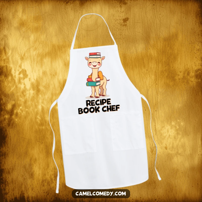 Funny Bookish Camel Apron: a joyful camel balances books on its hump, adding funny charm and practicality to cooking.