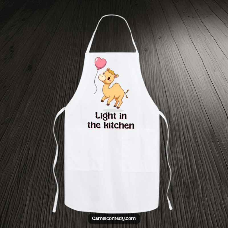 Funny apron depicting a playful camel with a balloon tied to its tail, floating slightly, ready for a kitchen flight.