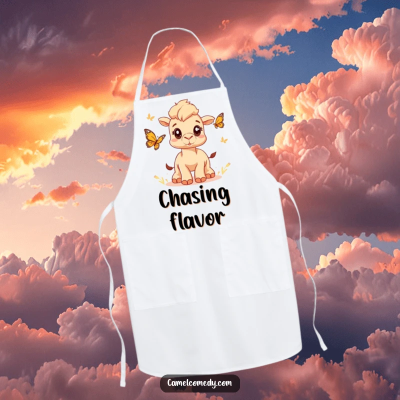 Funny apron featuring a cute camel with wide eyes chasing a butterfly, ready to bring humorous nature charm to the kitchen.