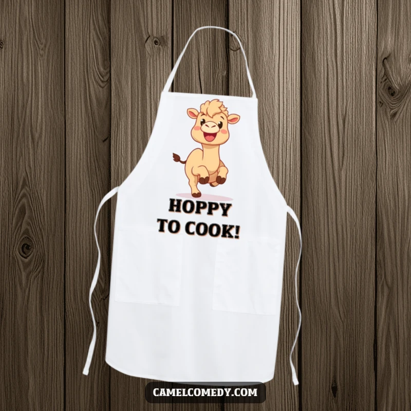 Funny camel apron illustrating a camel with a big, happy expression doing a silly hop, for kitchen cheer and humor.