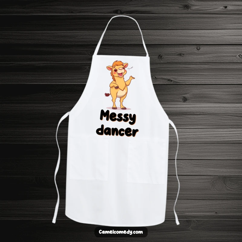 Funny camel character energetically dancing in desert wind, on a kitchen apron, a humorous and practical gift.