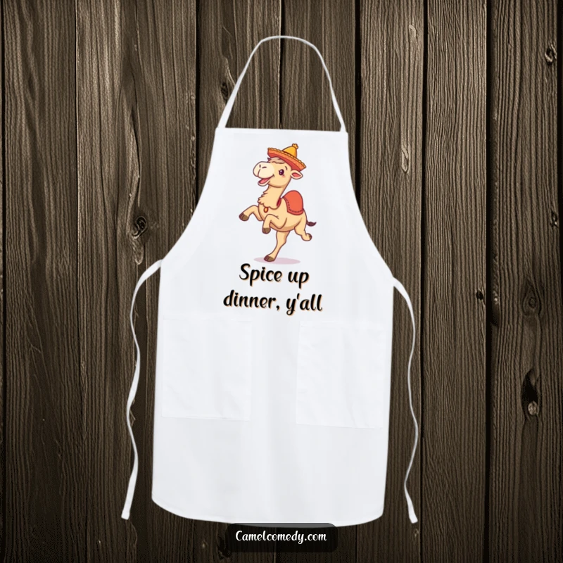 Funny apron showing a camel kicking its legs up and wearing a tiny sombrero, ideal for kitchen fun and spills.