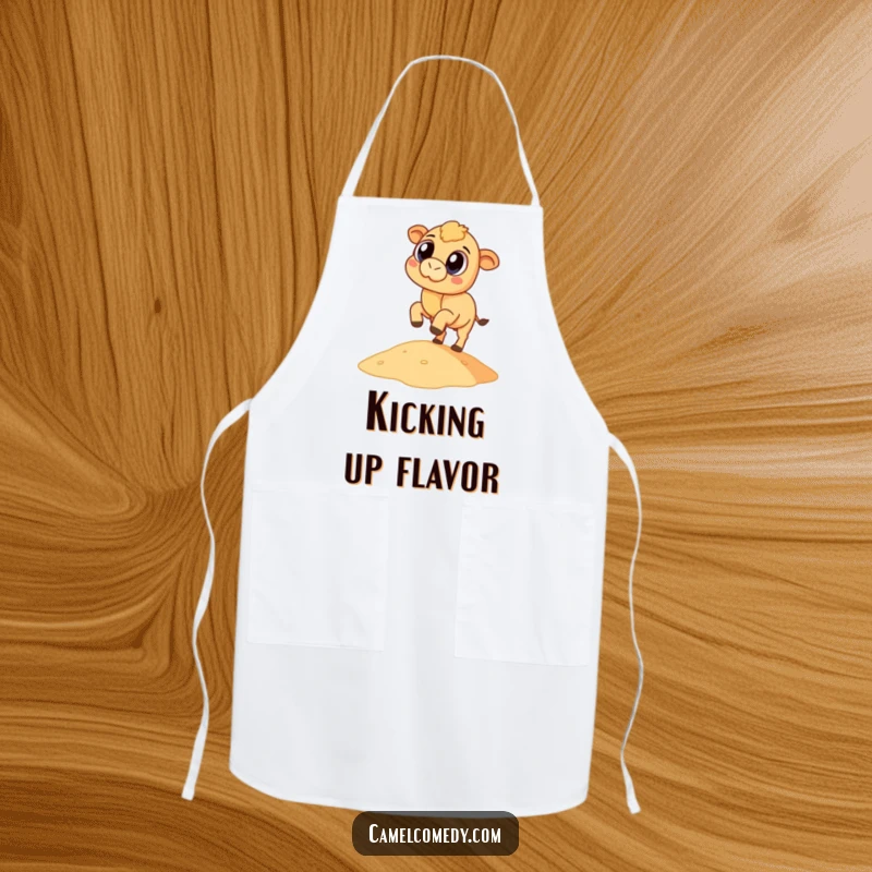 Funny camel with oversized eyes kicking a sandy dune, illustrated on a functional and humorous kitchen apron.