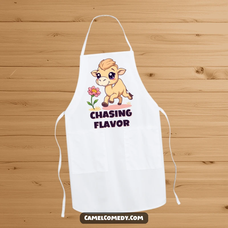 Funny camel with sparkling eyes chasing a desert flower, illustrated on a functional and humorous kitchen apron.