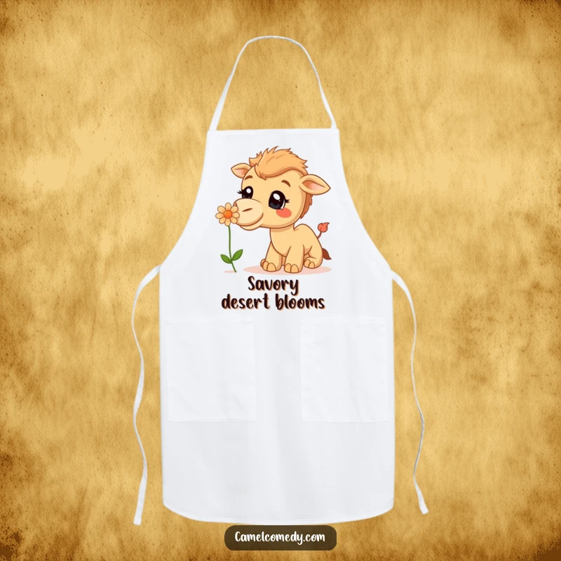 Funny Apron: A curious camel with a big smile is shown sniffing a delicate desert flower.