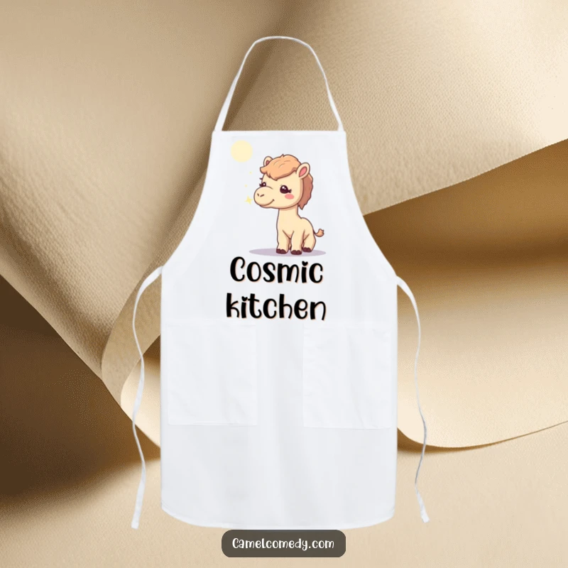 Funny apron showing a curious camel investigating a solitary, sparkling moonbeam, ideal for kitchen humor and culinary fun.