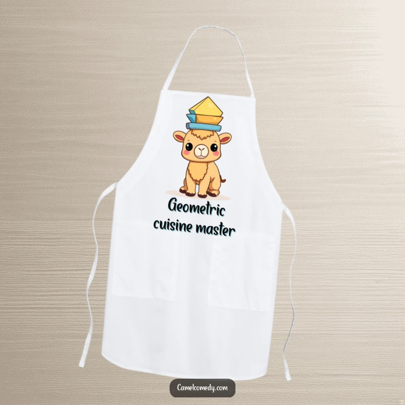 Funny Kawaii Camel Apron featuring a camel balancing geometric shapes, perfect for adding a touch of artistry to cooking.