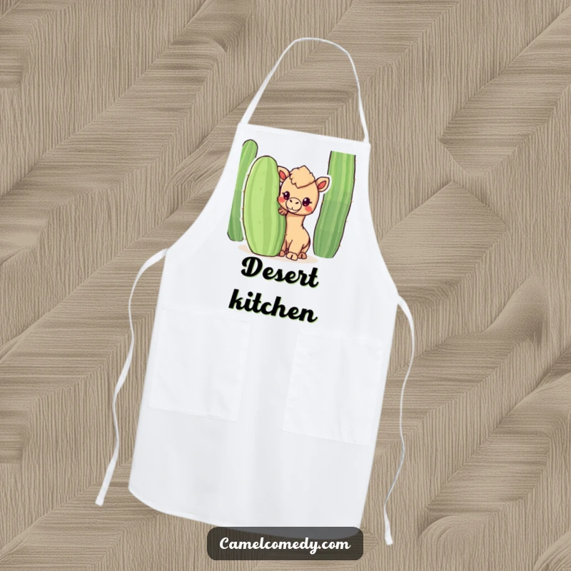 Funny apron featuring a kawaii camel peeking from behind a cactus, ready to bring humorous desert charm to the kitchen.