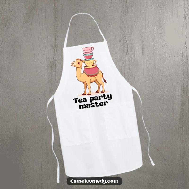 Funny kitchen apron with a kawaii camel balancing colorful teacups on its hump, ideal for chefs who love humor.
