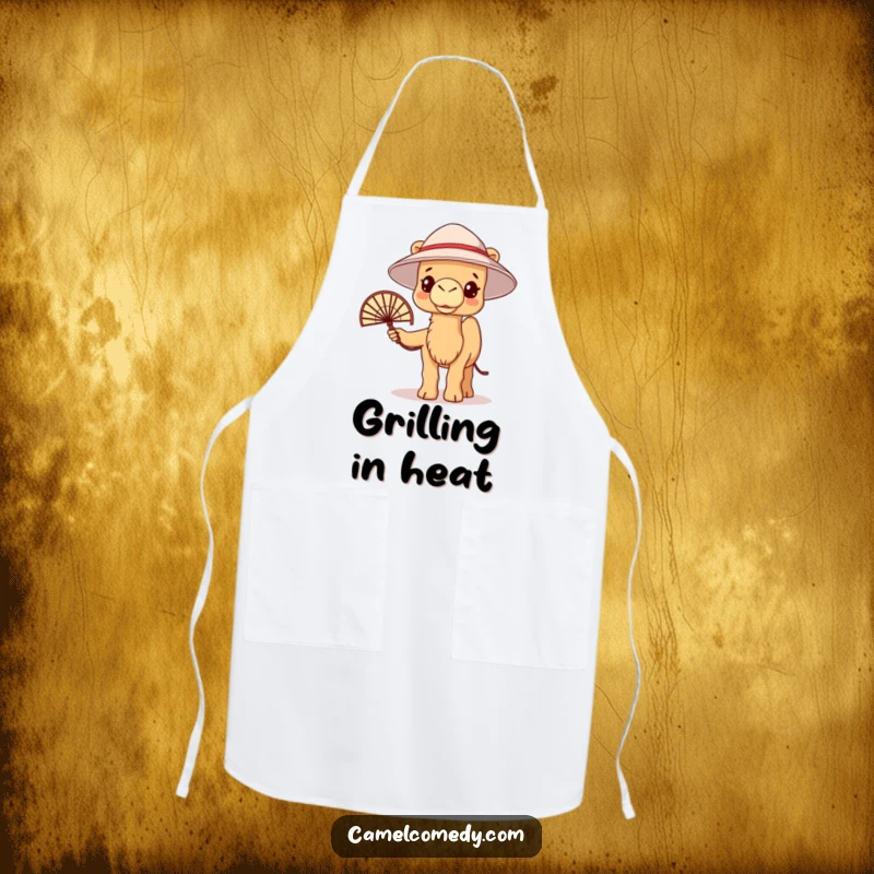Funny kawaii camel wearing a bucket hat and fanning itself, looking warm, printed on a humorous cooking apron.
