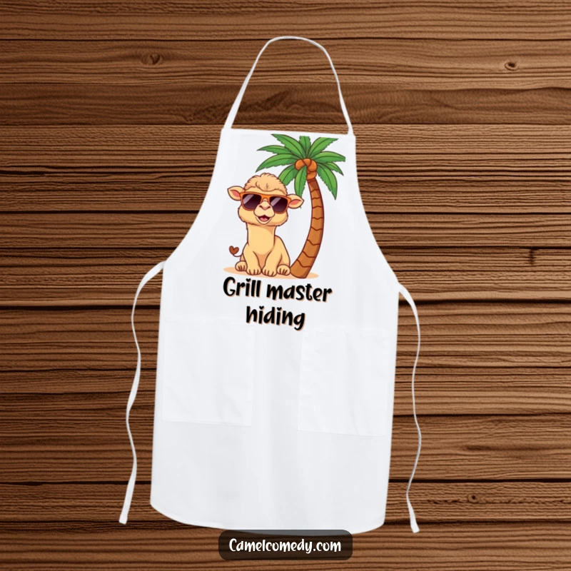 Funny kawaii camel in sunglasses, peeking from behind a palm tree, printed on a humorous cooking apron.