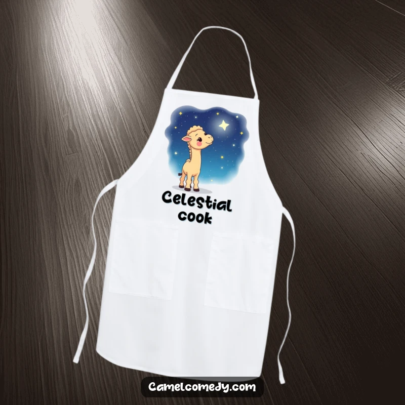 Funny apron showing a whimsical camel gazing up at a starry night sky, ideal for kitchen humor and celestial-themed cooking.