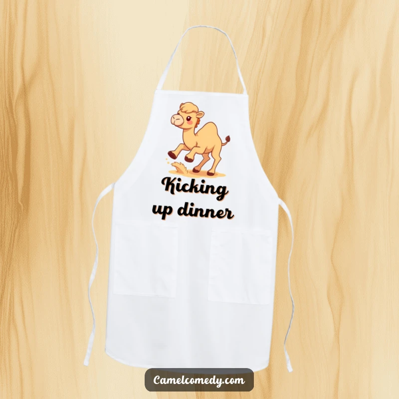 Funny Kawaii Camel Apron showing a cute camel kicking up sand, a humorous kitchen essential for chefs.