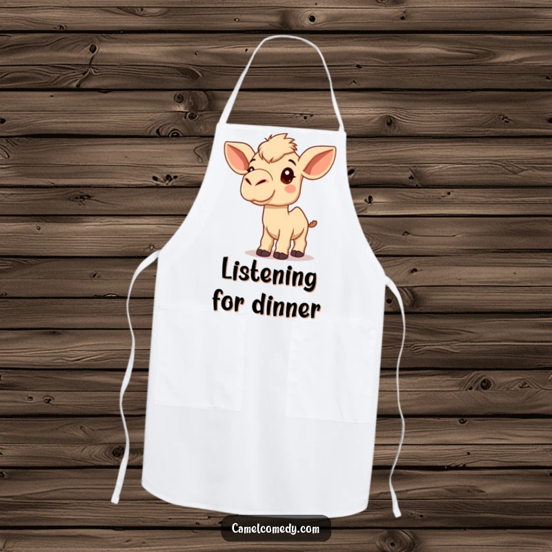 Funny Kawaii Camel Apron showing a cute camel listening inquisitively, a humorous kitchen essential for chefs.