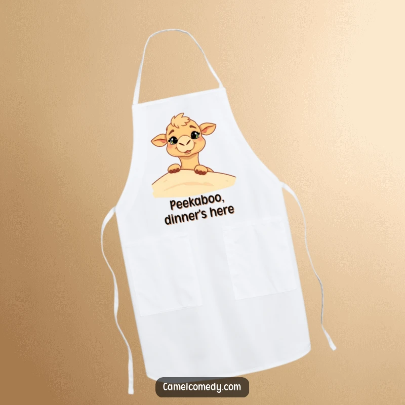 Funny apron showing a camel with a goofy grin peeking from behind a sand dune, perfect for a humorous cooking experience.