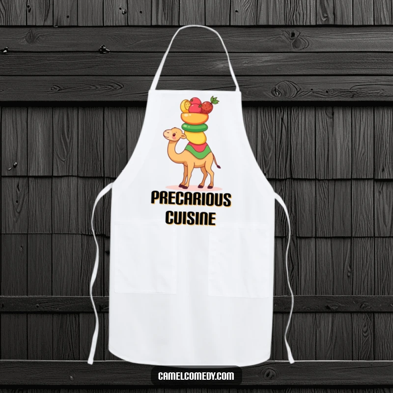Funny Kawaii Camel Apron showing a cute camel balancing fruits, a humorous kitchen essential for chefs.
