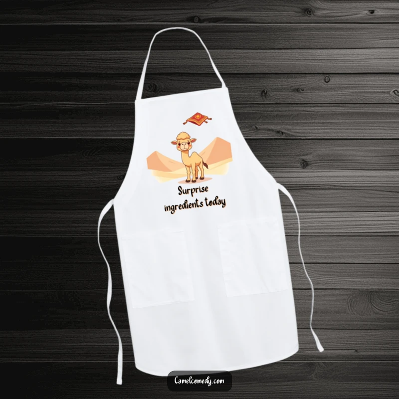 Kawaii camel looking surprised by a flying carpet, printed on a practical apron with desert dunes, for humorous and magical cooking sessions.