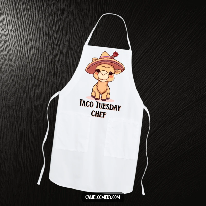 Funny apron depicting a giggling camel wearing a tiny sombrero and tipping it, perfect for festive cooking.