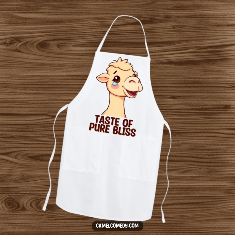 Funny delighted camel shedding a single tear of joy, a humorous and heartwarming kitchen apron.