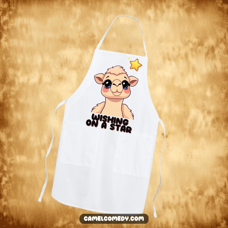 Funny camel apron illustrating a camel with sparkling eyes looking up at a floating cartoon star, for kitchen inspiration.