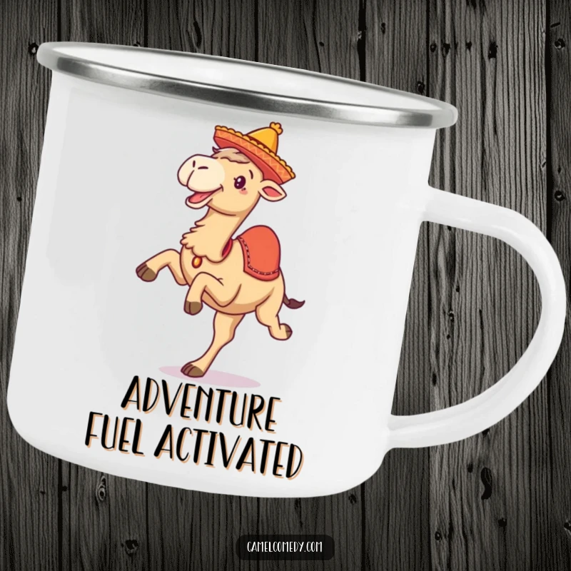 Funny camping mug featuring a camel with legs kicked up and a tiny sombrero, ready for any outdoor fun.