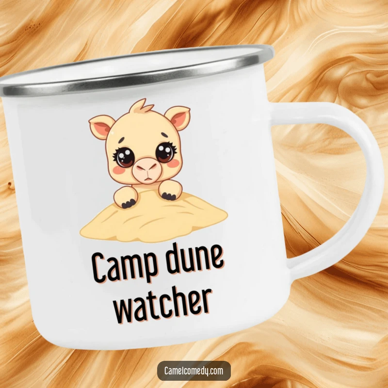 Funny Kawaii Camel Camping Mug: an adorable camel with large eyes peeks from behind a sand dune, perfect for funny outdoor moments.