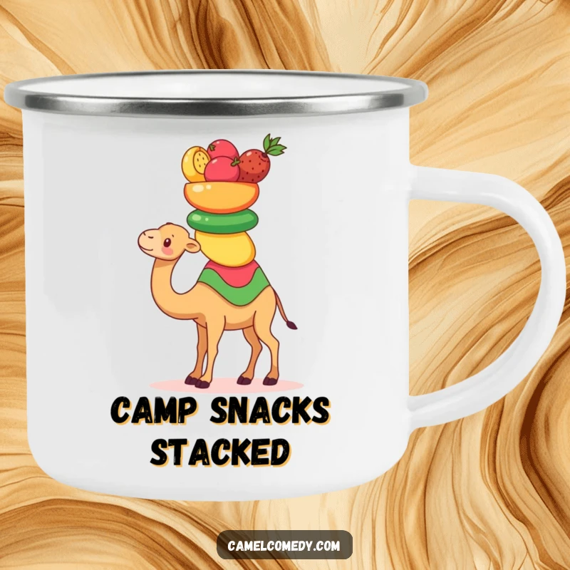 Funny Kawaii Camel Camping Mug with a cute camel balancing fruits, ideal for outdoor use.