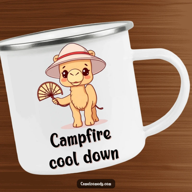 Funny kawaii camel wearing a bucket hat and holding a fan, looking warm, on a camping mug.