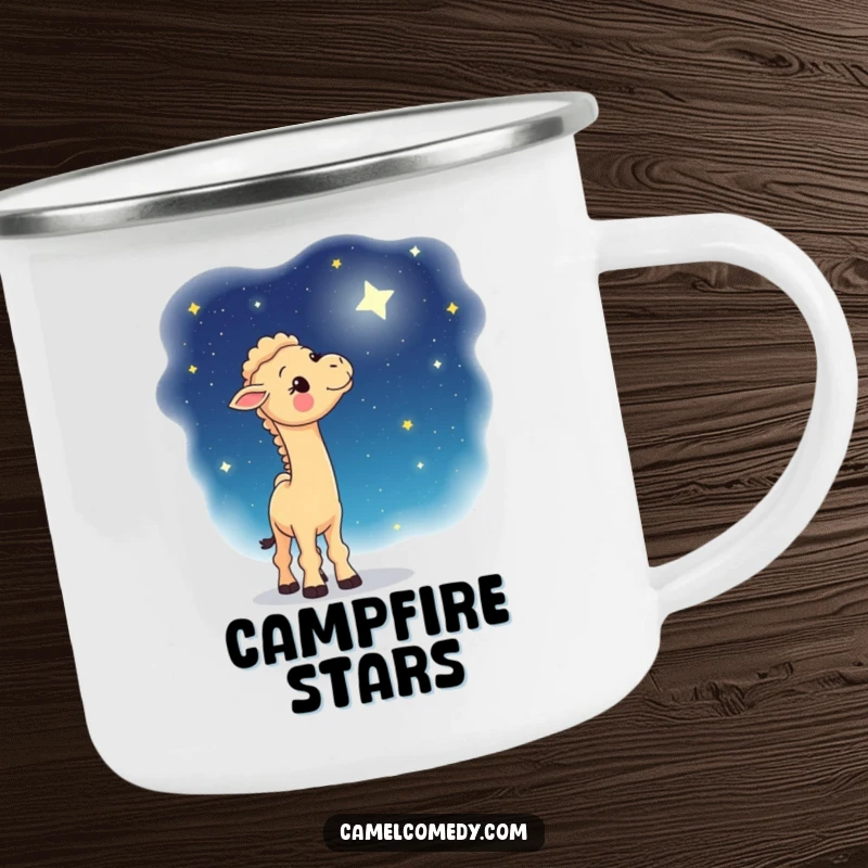 Funny camping mug with a whimsical camel gazing at a starry night sky, perfect for outdoor enthusiasts and lovers of celestial magic.