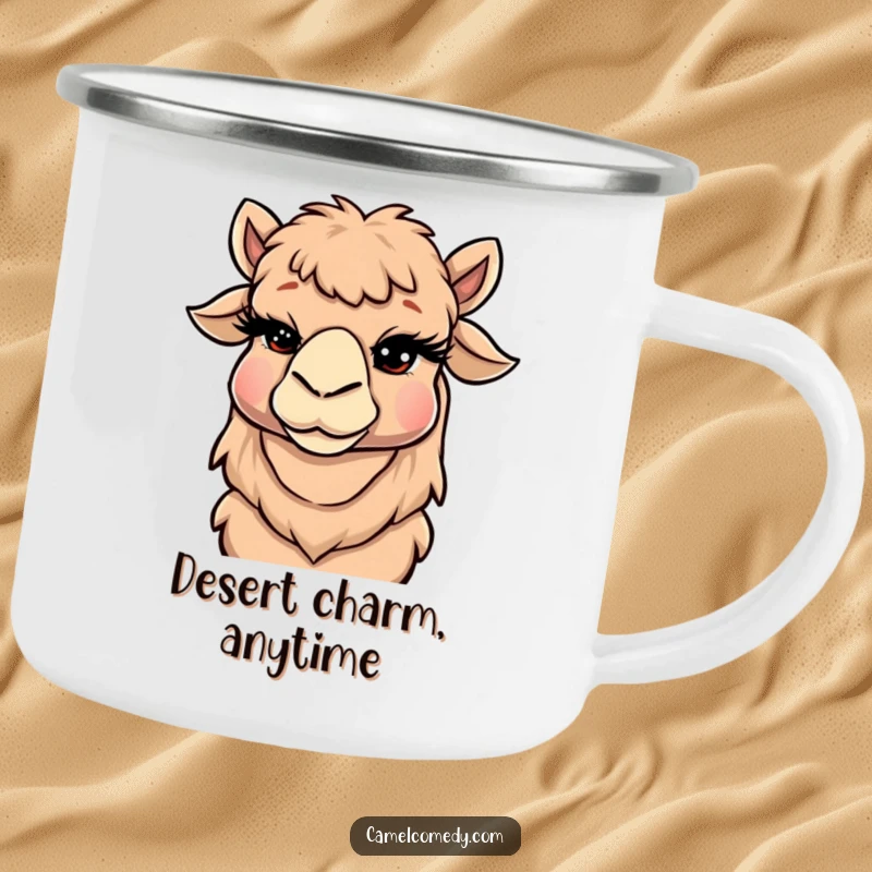 Funny Camel Camping Mug with a winking camel and exaggerated eyelashes, designed for rugged humor on outdoor adventures.
