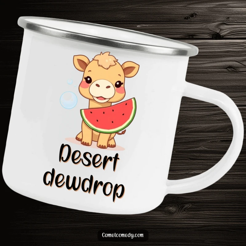 Funny camel blowing a huge watermelon bubble, on a durable camping mug, ideal for an adventurous, humorous gift.
