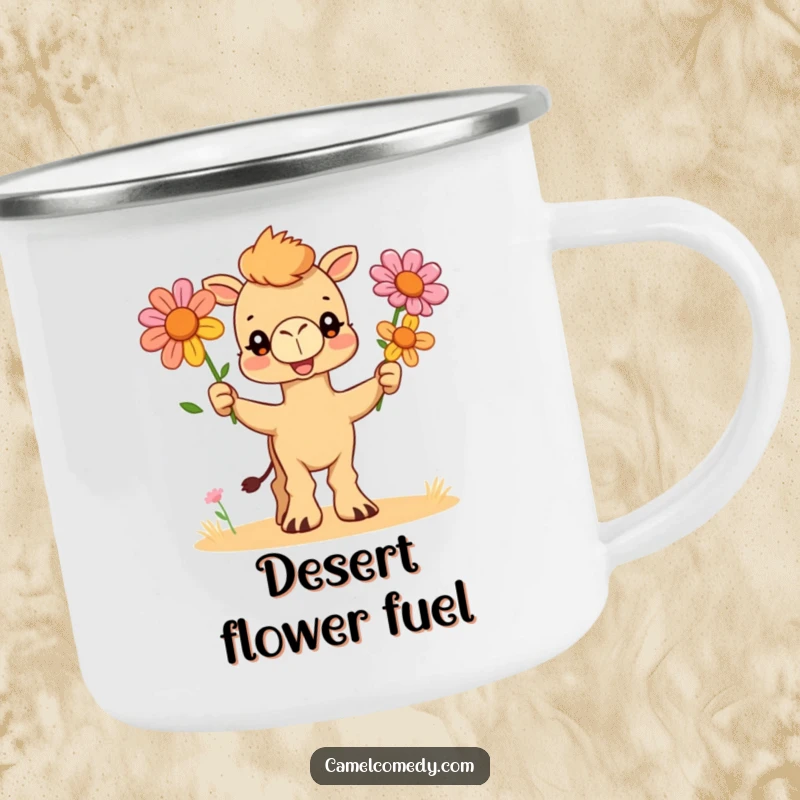 Funny enamel camping mug featuring a happy camel artist juggling three colorful desert flowers, ideal for rustic charm and humor.