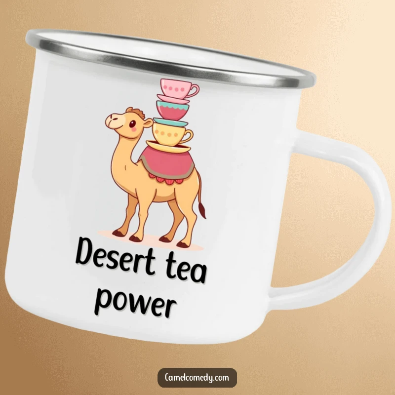 Funny camping mug featuring a kawaii camel balancing colorful teacups on its hump, built for adventure and humor.