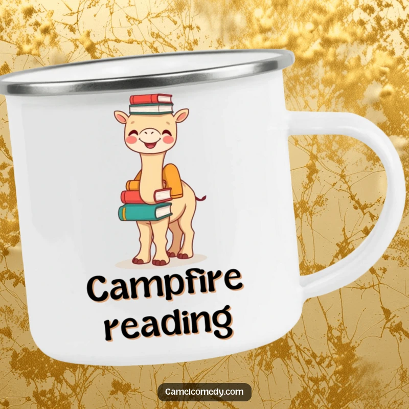 Funny Bookish Camel Camping Mug: a joyful camel balances books on its hump, perfect for funny outdoor reading moments.