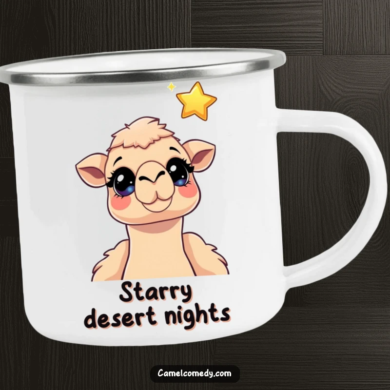 Funny camel camping mug showing a camel with sparkling eyes looking up at a floating cartoon star, embodying outdoor dreams.