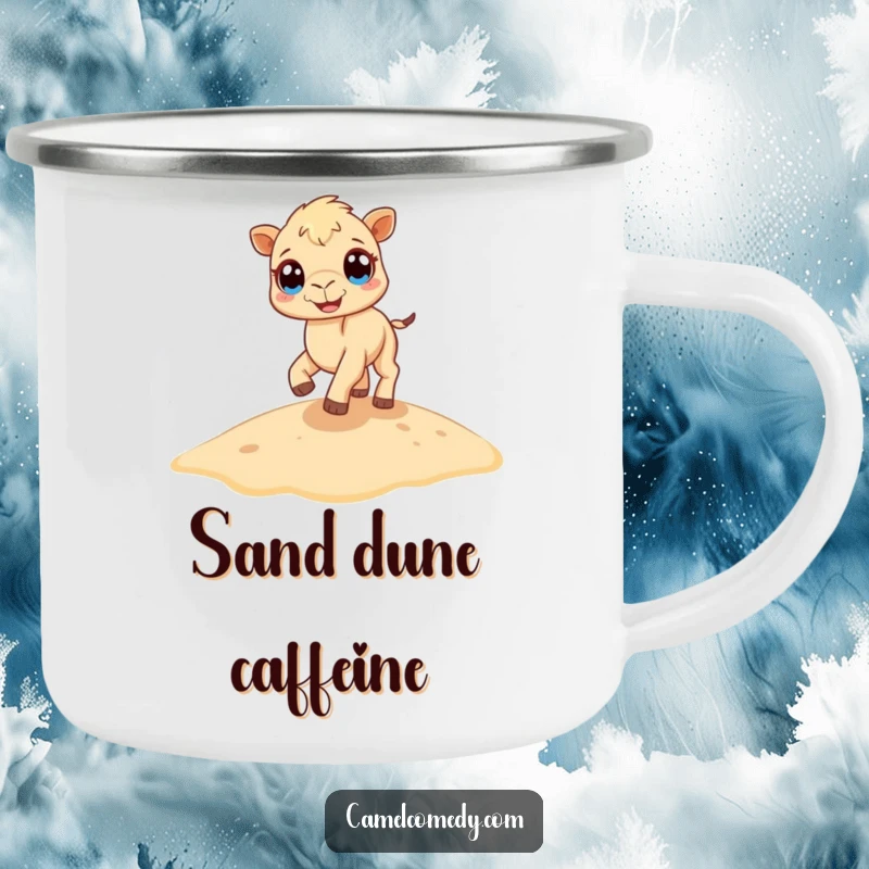 Funny camel camping mug showing a tiny camel with big eyes joyfully bouncing on a sand dune, ideal for rugged humor.