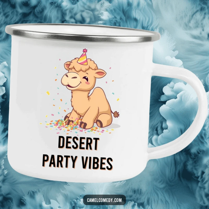 Funny camel camping mug, giggling and spilling confetti, wearing a party hat, perfect for outdoor celebrations.