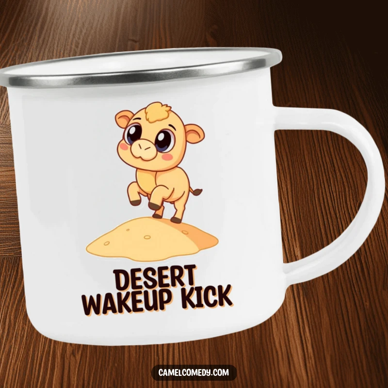 Funny camel with big eyes kicking a small sand dune, designed for a humorous camping mug.