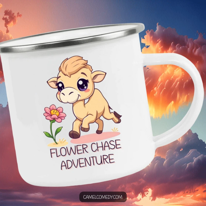 Funny camel with sparkling eyes chasing a desert flower, designed for a humorous camping mug.