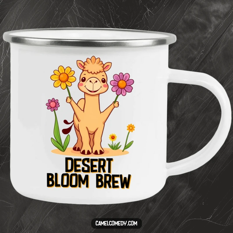 Funny Camping Mug: a cute camel juggling colorful desert flowers, ready for outdoor fun and sharing funny moments.