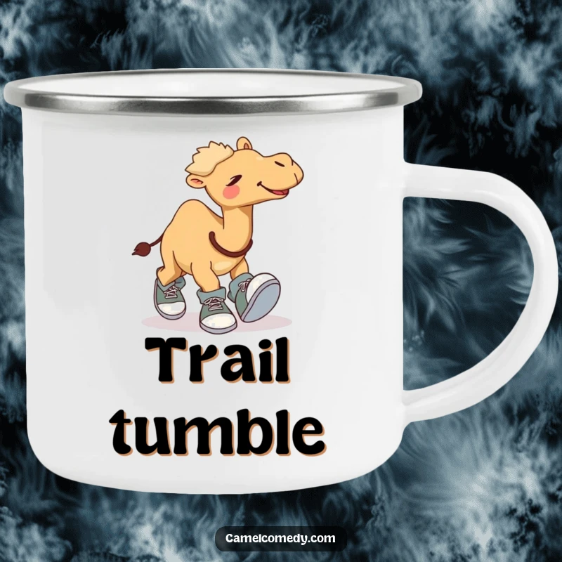 Funny camping mug with a giggling camel comically tripping over its own oversized shoes, perfect for outdoor enthusiasts and lovers of whimsical humor.