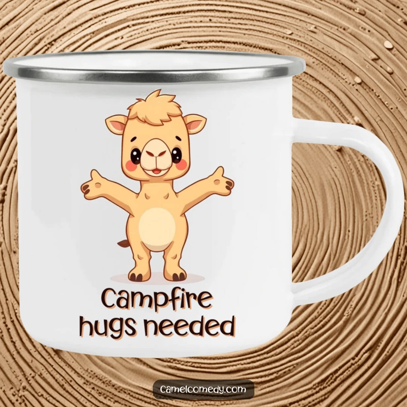 Funny Camel Camping Mug showing a camel with arms outstretched for a hug, designed for warm humor on adventures.
