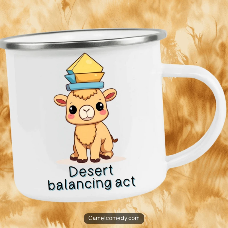 Funny Kawaii Camel Camping Mug featuring a camel balancing geometric shapes, perfect for stable outdoor moments.