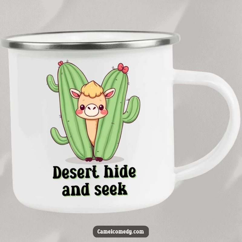 Funny camping mug with a kawaii camel peeking from behind a smiling cactus, built for desert trips and amusement.
