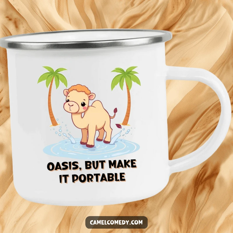 Funny Kawaii camel camping mug with a camel splashing water from a small oasis, built for outdoor fun.