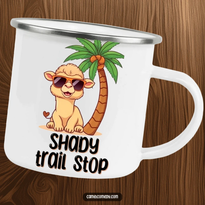 Funny kawaii camel in sunglasses, peeking from behind a palm tree, on a camping mug.