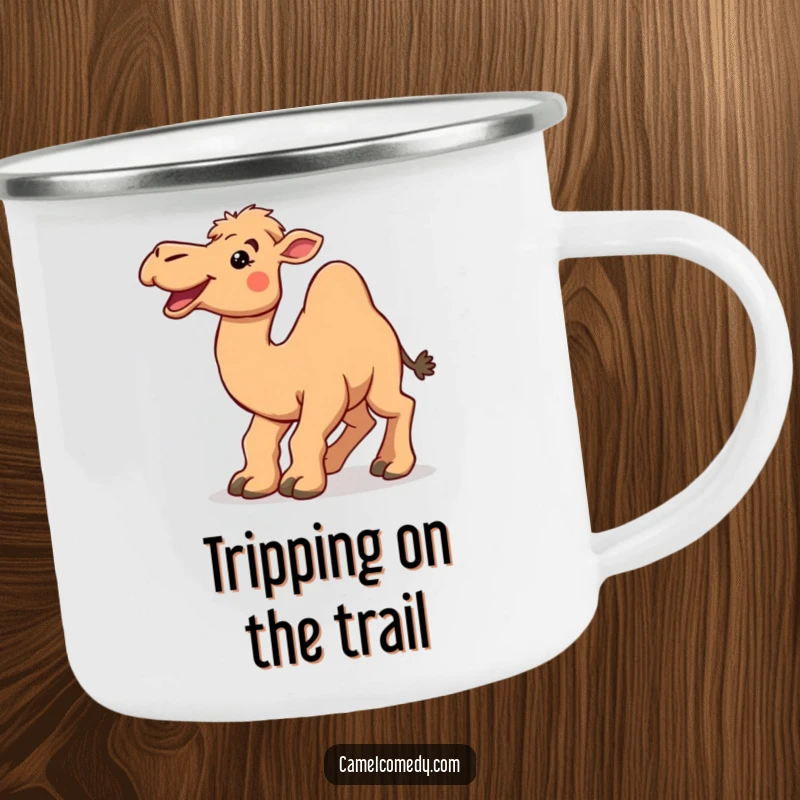 Funny camel tripping over its large feet with a smile, designed for a humorous camping mug.